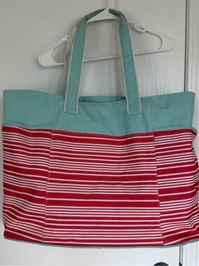 Large light blue & red striped canvas beach pool tote bag inner & outer pockets